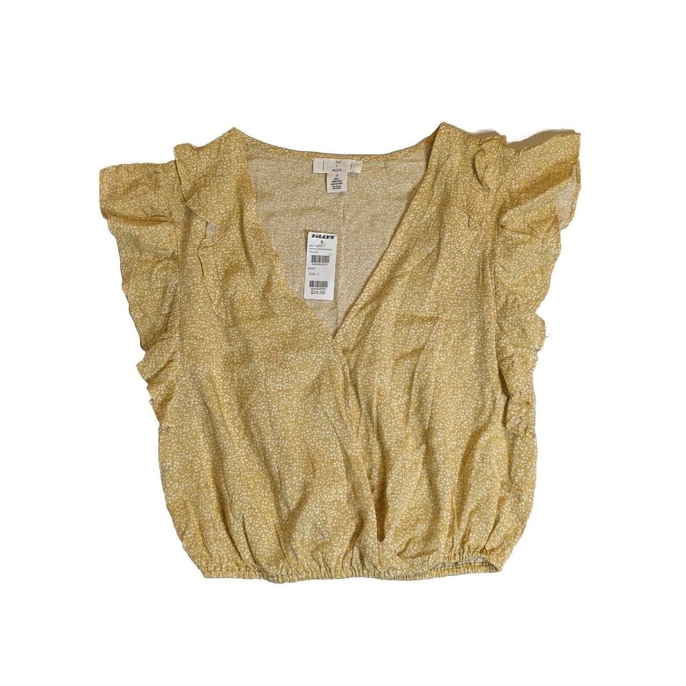 Ivy Main by Tillys Womens Button Up Blouse Yellow Floral V Neck Top Sz S New